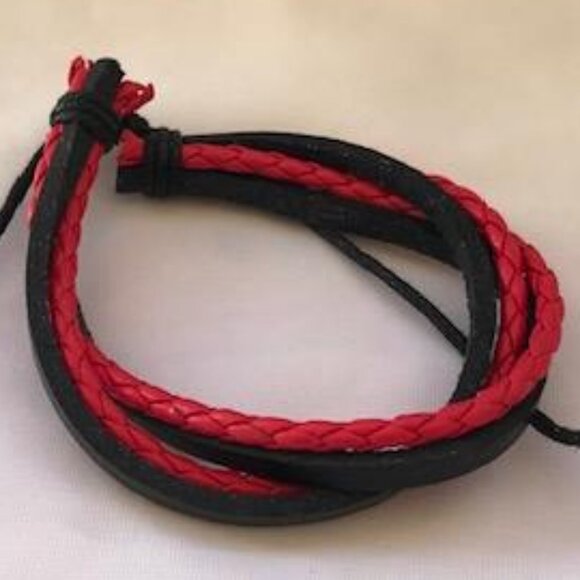 Red & Black Wrap Braided Leather Handmade Bracelet Adjustable Wristband - Picture 1 of 1